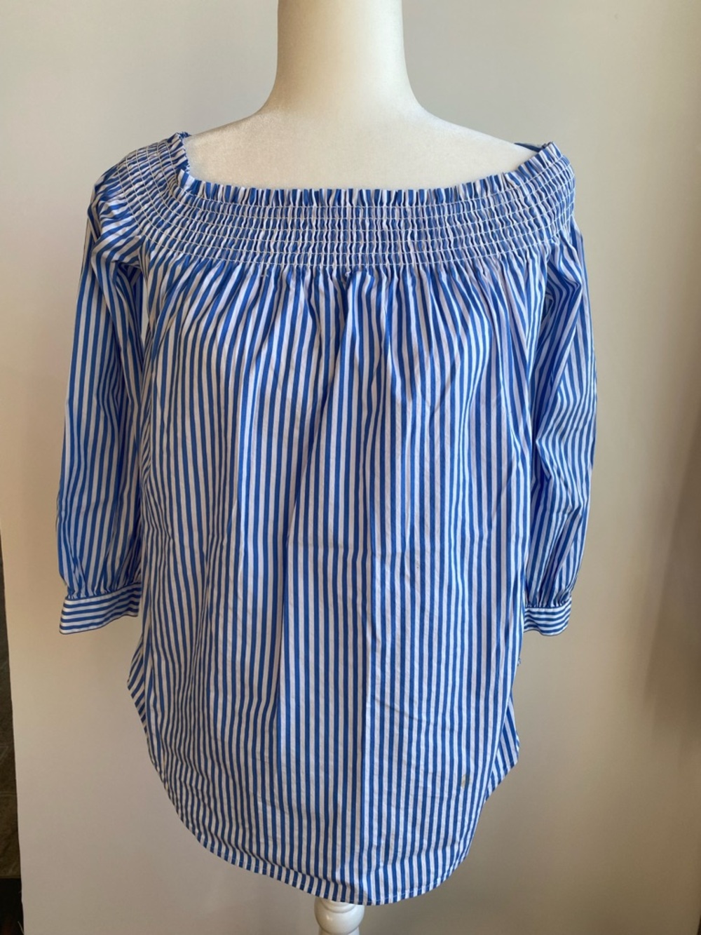 Polo Ralph Lauren Smocked Off Shoulder Striped Poplin Cotton Blouse S
